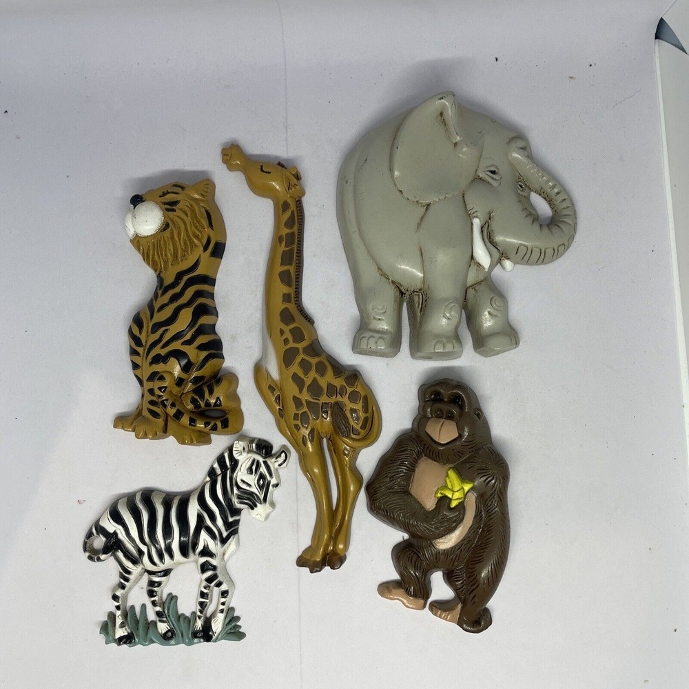 Vintage Burwood Safari Animal Wall Decor Set 5pc Elephant Giraffe Zebra Gorilla